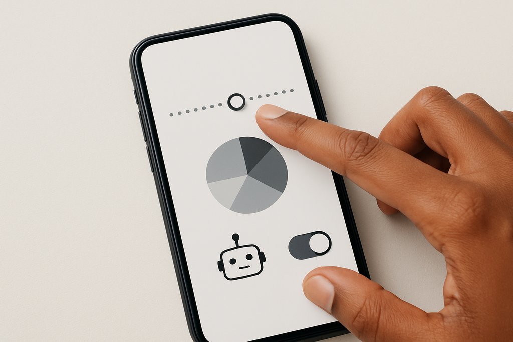 Mobile app setup scene on a light desk: a smartphone screen showing a horizontal risk slider with a circular handle on a dotted track, a preview pie chart indicating diversified allocation, and a small switch beside a simple robo-advisor face icon to suggest automated management.