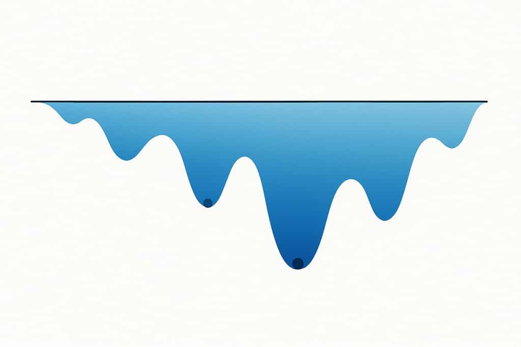 Underwater drawdown chart for a portfolio on a white canvas: a horizontal baseline with a smooth, continuous blue area dipping below it at various depths to represent drawdowns over time.