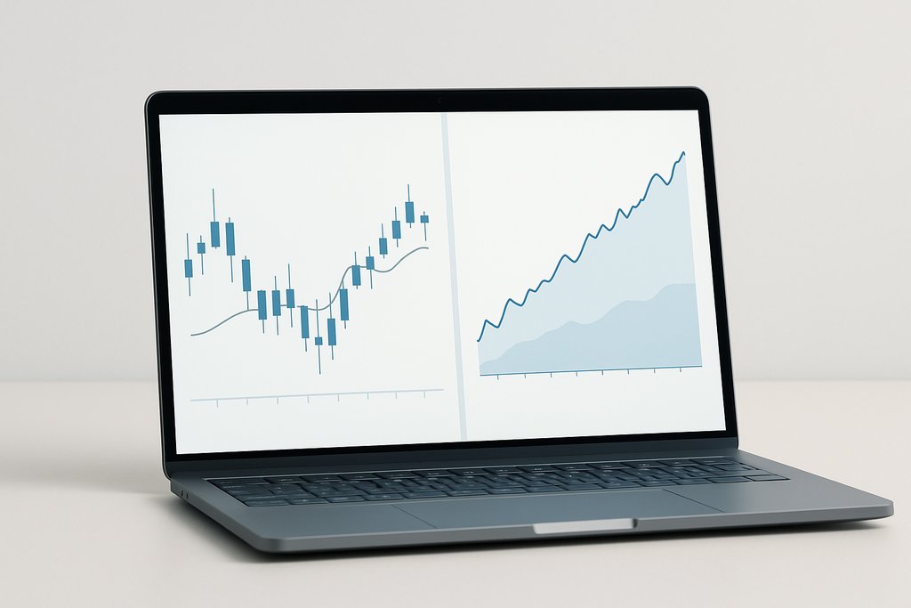 A split-screen laptop interface focused on backtesting visuals: left side shows a simple price chart with sparse candlesticks and a single overlay line; right side shows a clear equity curve line trending over time with a thin baseline and gentle shaded areas indicating performance swings.