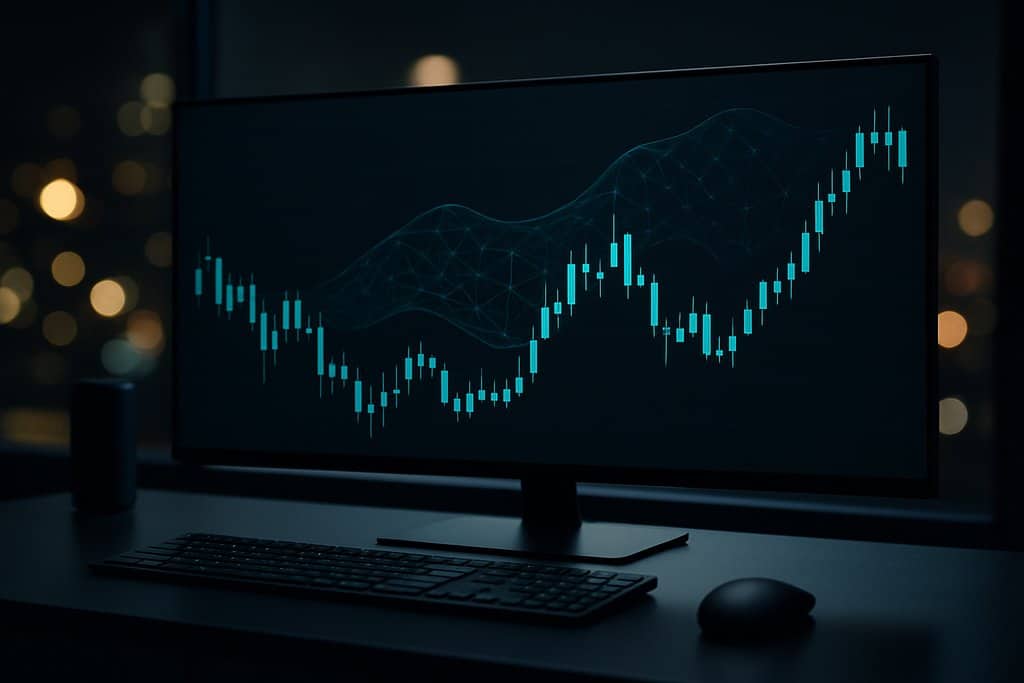 A clean, modern dark-mode trading setup on a minimalist desk with a single ultrawide monitor showing an uncluttered candlestick chart and a subtle, semi-transparent neural-network mesh overlaying the price action; soft teal and electric blue accents on the lines, minimal grid, no labels or numbers; ambient night city bokeh in the background, shallow depth of field, reflective black keyboard and mouse, overall sleek and professional aesthetic with plenty of negative space and no text anywhere.
