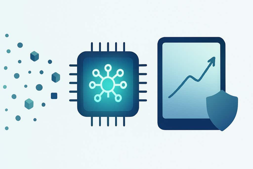 A simple, elegant vector scene depicting an AI trading pipeline: on the left, a stream of small geometric shapes (dots and cubes) flowing toward the center; in the center, a stylized glowing processor chip with an abstract neural pattern; on the right, a tablet displaying a clean upward-trending line chart with no axes or numbers, accompanied by a subtle shield icon beside it to imply risk controls; soft gradients in blues and greens, rounded shapes, no arrows or text, ample whitespace.