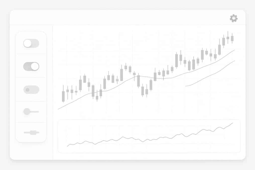 A clean, minimalist light-theme trading platform dashboard focused on automation: a central candlestick chart with two simple moving average lines, a compact side panel with icon-only toggle switches and sliders (no text or numbers) implying strategy controls, a small equity curve mini-chart below the main chart without axes labels, and a subtle gear icon integrated near the chart header to suggest automation.