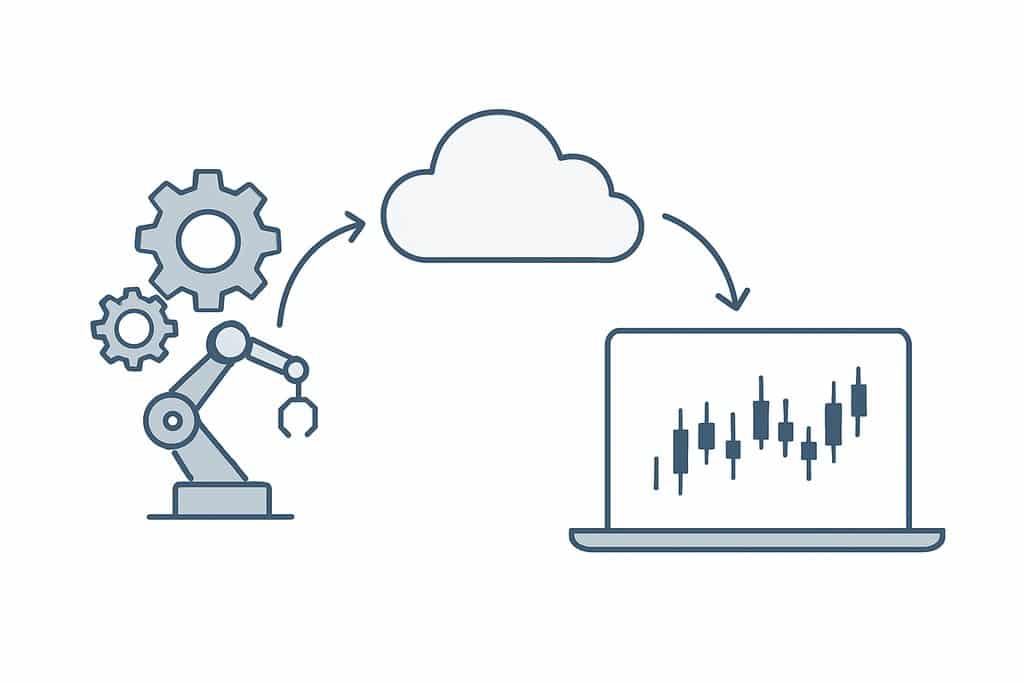 A simple conceptual visualization of automated trading flow: on the left, a few interlocking gears and a small robotic arm icon; in the center, a cloud symbol; on the right, a sleek laptop with a minimalist candlestick chart on its screen.