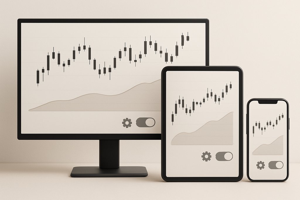 A cross-device consistency scene showing the same automated trading interface on three devices: a desktop monitor, a tablet, and a smartphone arranged side by side.
