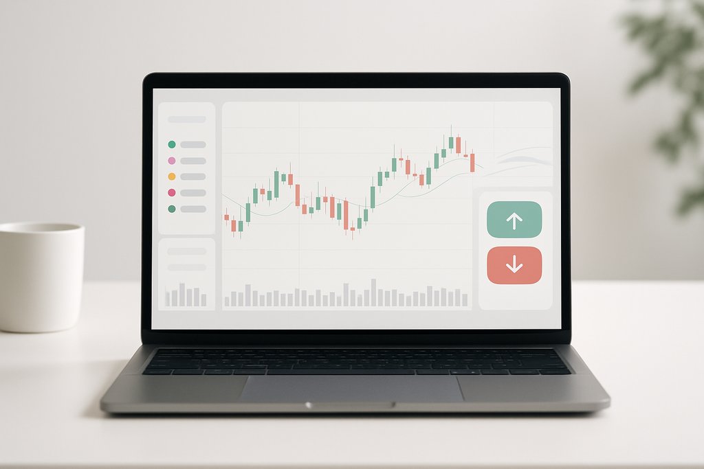 A minimalist, well-lit desktop scene featuring a sleek laptop on a clean white desk displaying a modern trading platform interface without any text or numbers: a central candlestick chart with subtle green and red candles, two thin moving average lines, a compact order panel with distinct rounded buy and sell buttons indicated only by color and simple arrow icons, a small watchlist represented by colored dots and bars on the left, and a volume histogram beneath the chart.