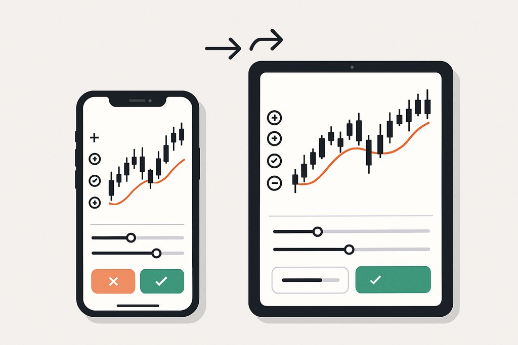 A simple cross-device compatibility visual on a neutral background: a smartphone and a tablet side by side, both showing a synchronized, clean trading app UI without any text or numbers.