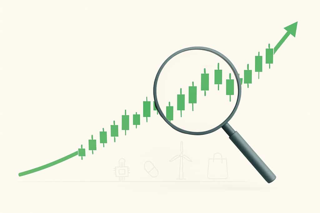 Clean, minimalist illustration of a bullish stock market trend: a smooth green upward line with simple, evenly spaced candlestick shapes (no numbers, labels, or text) rising from left to right on a soft off-white background.