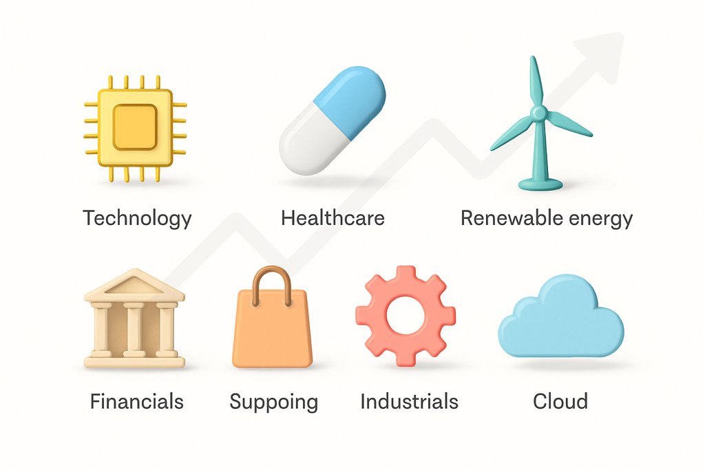 Simple sector diversification layout on a white background: a tidy grid of 7 flat, pastel icons representing major stock sectors—microchip (technology), capsule (healthcare), wind turbine (renewable energy), bank building with columns (financials), shopping bag (consumer), gear (industrials), and cloud (cloud/software).