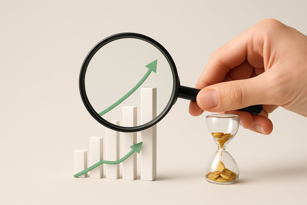 Focused stock-picking concept: a hand holding a magnifying glass over a small cluster of minimalist vertical bars that increase in height, with a subtle green upward arrow weaving through them.