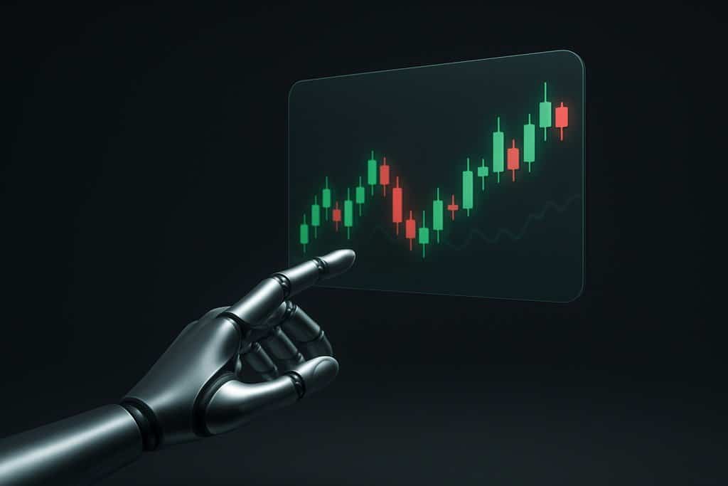 Minimalist 3D scene of a sleek silver robotic hand reaching toward a semitransparent holographic ...