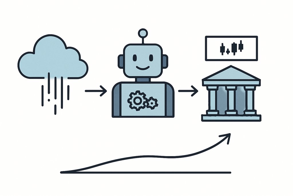 Clean, flat vector illustration showing an automated trading flow: on the left, a simple cloud icon emits soft, streaming data lines; in the center, a friendly, geometric robot torso with small gear shapes inside its chest; on the right, a stylized, generic exchange building icon with a minimal candlestick banner above its doorway.
