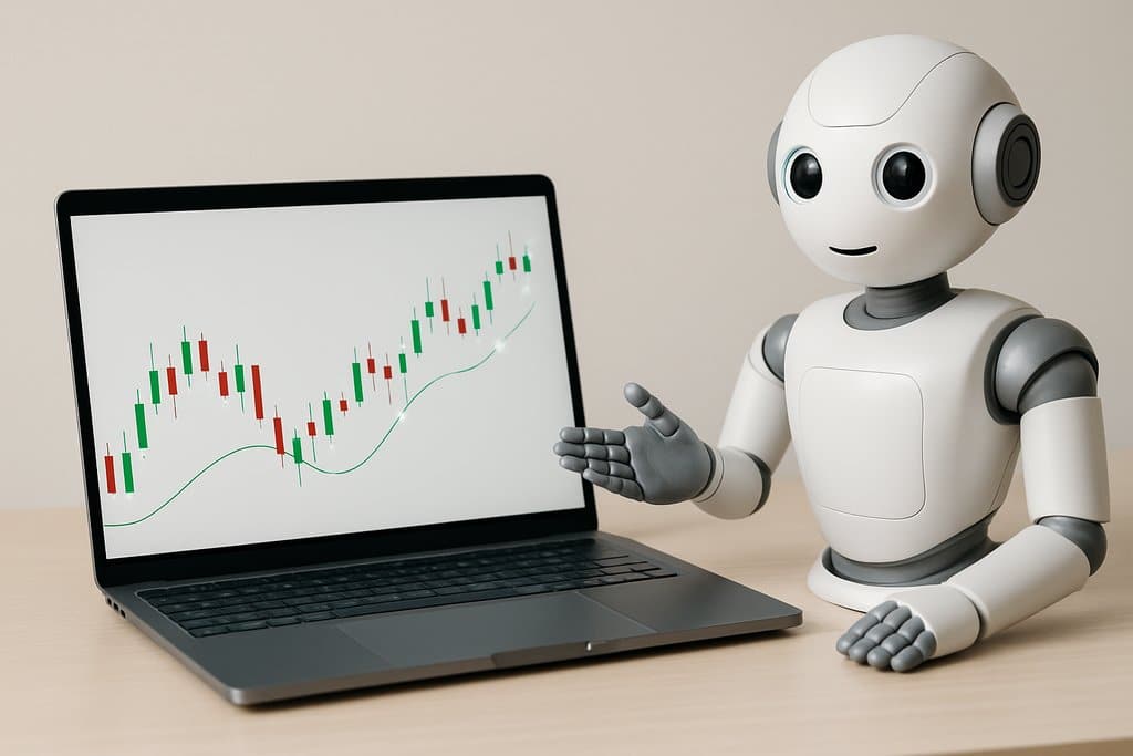 Clean, minimalist scene showing a sleek, modern laptop on a tidy desk displaying a simple green-and-red candlestick chart with a smooth curved line overlay and a few subtle glowing points to suggest automated entries; a friendly, professional-looking robot assistant (neutral white and silver tones, no branding) is positioned to the side, gently gesturing toward the screen; soft natural lighting, neutral background, uncluttered composition, no text or digits anywhere.