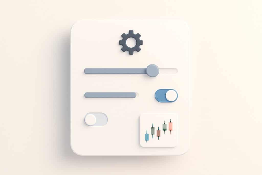 Abstract configuration interface for a trading bot: a floating, clean UI panel with a few simple elements—two horizontal sliders at different positions, a couple of rounded toggle switches (on/off states indicated only by color and position), and a small gear icon—accompanied by a miniature candlestick thumbnail to hint at market context; soft gradients, light neutral palette, subtle shadows for depth, lots of white space, no text or numbers.