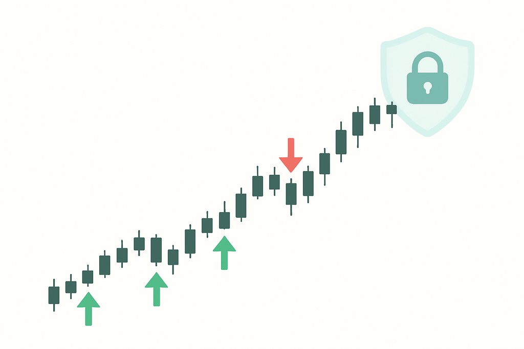 Simple backtesting and risk visualization: a minimalist candlestick chart with a gentle upward trend, a few discrete green and red arrow markers placed at logical entry and exit points, and a faint translucent shield with a padlock icon in one corner to suggest safety and reliability; balanced composition with ample negative space, soft color accents, no text, digits, or logos.