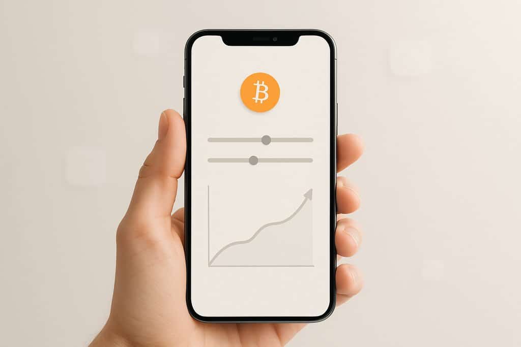 Minimalist scene of a hand holding a modern smartphone displaying a clean bitcoin investment calculator interface without any text or numbers: a golden bitcoin coin icon near the top, two simple horizontal sliders with circular handles, and a smooth upward line graph with unlabeled axes.