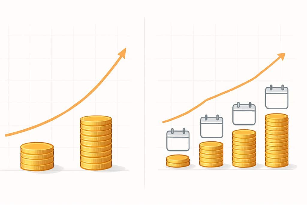Side-by-side comparison panels illustrating two investment approaches without text: left panel shows a single neat stack of gold coins beside a smooth line rising steadily (representing lump-sum), right panel shows several smaller coin stacks spaced along the timeline with small calendar-like icons (blank, no numbers) and a similarly rising but more stepped line (representing dollar-cost averaging).