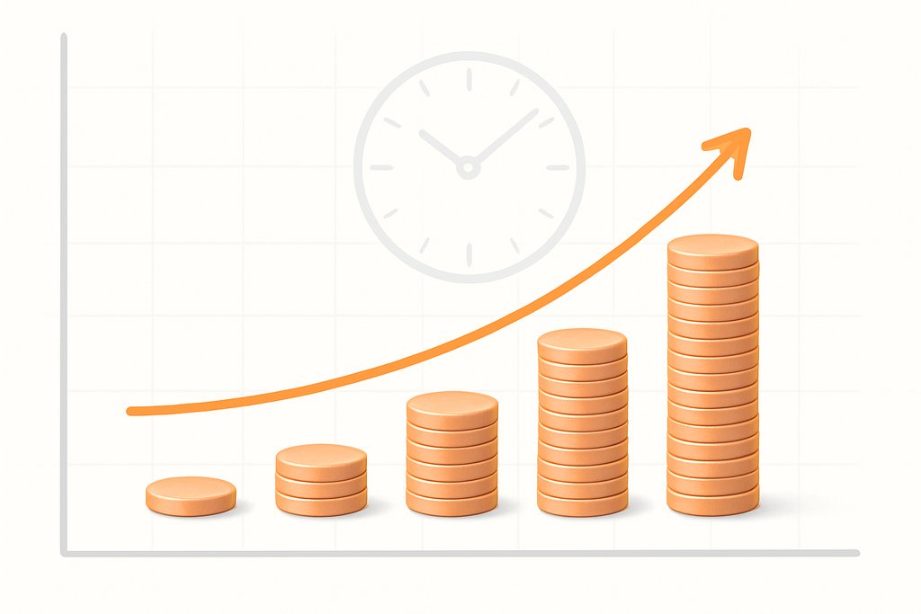 Simple projection concept focusing on time horizon and growth: a left-to-right sequence of coin stacks gradually increasing in height beneath a gentle upward curve on an unlabeled axis.