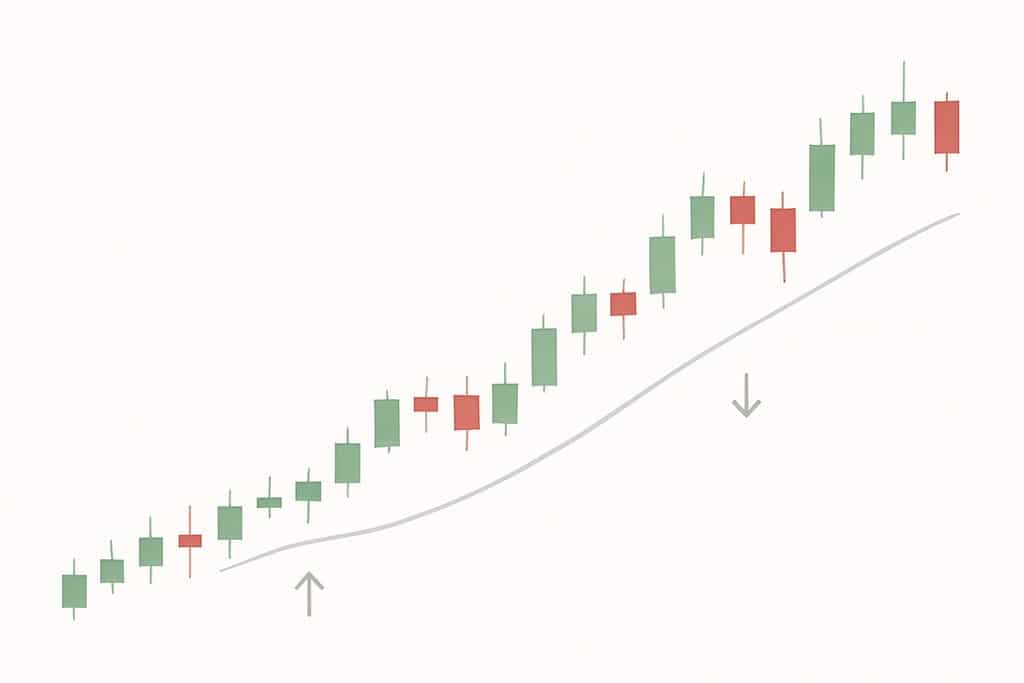 A clean, minimalist candlestick chart on a white background showing a gentle uptrend with evenly spaced green and red candles.