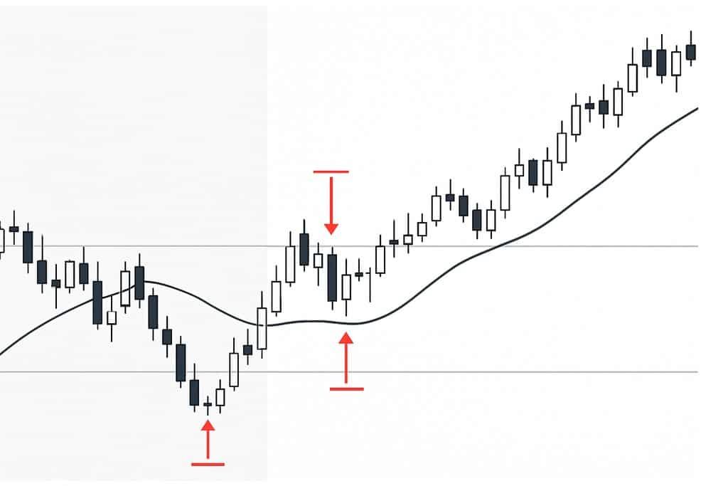Close-up, single-panel price chart illustrating a backtest on historical data: a continuous candlestick series with a soft, semi-transparent shaded band over the left two-thirds to indicate the in-sample backtest region and an unshaded right third for out-of-sample; include one simple moving average line, a couple of subtle horizontal support/resistance lines, and a few clean entry/exit arrows with small stop/target level ticks; crisp vector style, limited color palette, no legends, and no text or numbers.
