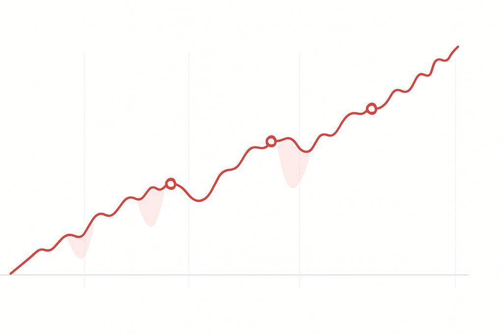 Simple results visualization focused on performance and risk: a clean equity curve line trending over time with periodic drawdowns highlighted as red shaded dips beneath the curve; include a faint baseline and subtle vertical separators to imply different test periods, plus a few small circular markers on the curve where trades occurred; white background, thin lines, modern minimalist vector style, and strictly no text or numbers.