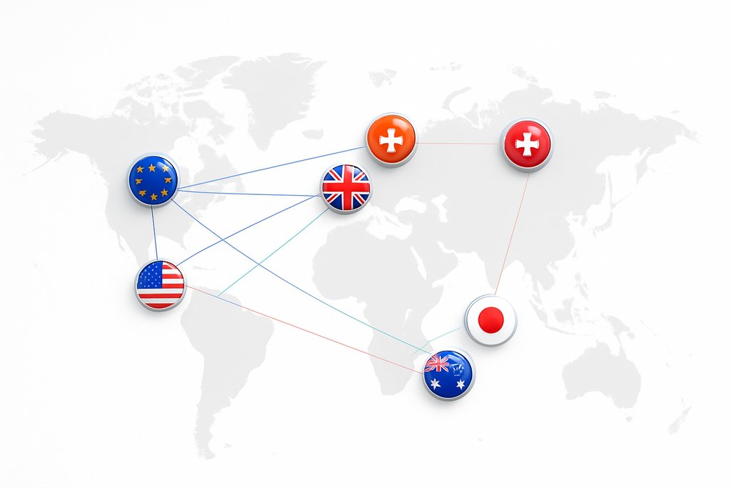 Minimalist world map showing major forex regions with small, glossy flag pins placed over the United States, European Union, United Kingdom, Japan, Australia, Canada, and Switzerland.