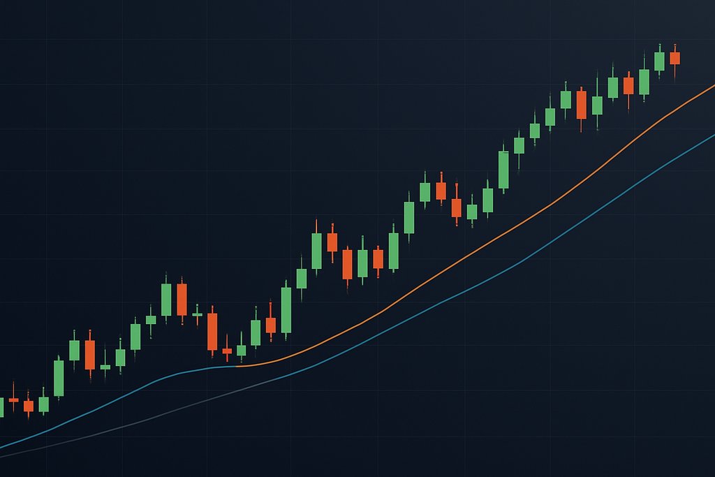 Clean, uncluttered candlestick chart segment on a dark navy background: a series of green and red candles with subtle wicks, two smooth moving average curves (one soft blue, one warm orange), and a faint ascending trendline.