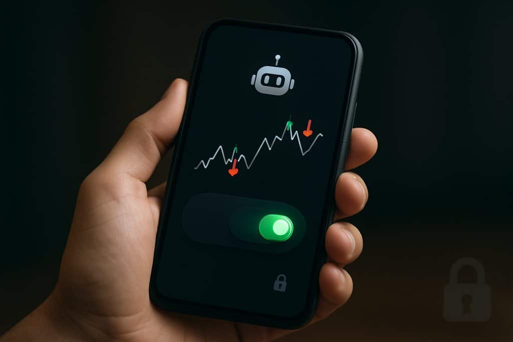 A simple dark-themed mobile screen held in a hand showing an automated trading bot interface: a compact line chart with green and red arrow markers for hypothetical trades, a prominent on/off slider switch indicating the bot is active, and a small robot icon near the top area.