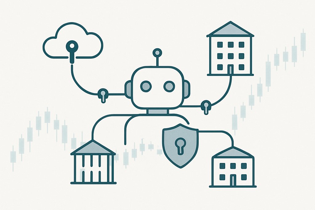 An abstract illustration of a trading bot connecting to exchanges via API: a central robot icon with smooth lines extending to two generic exchange-like building icons and a cloud icon, each connection represented by thin cables with small keyhole symbols to hint at API keys.