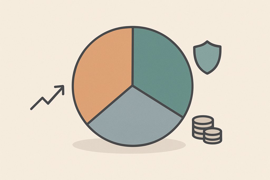 Minimalist flat vector of a diversified portfolio a simple threeslice pie chart in distinct muted...