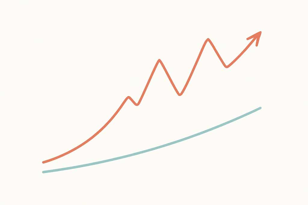 Clean comparison of investment risk and return shown as two simple lines on a blank canvas: one smooth, gently ascending line representing lower volatility and one more jagged, steeper line representing higher volatility.