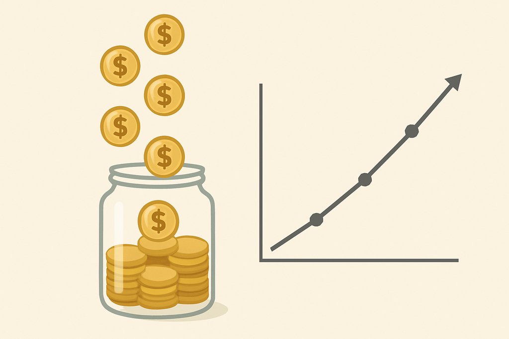 Simple depiction of dollar-cost averaging: a row of evenly spaced coins dropping from above into a clear glass jar that gradually fills, next to a minimal upward-trending line.