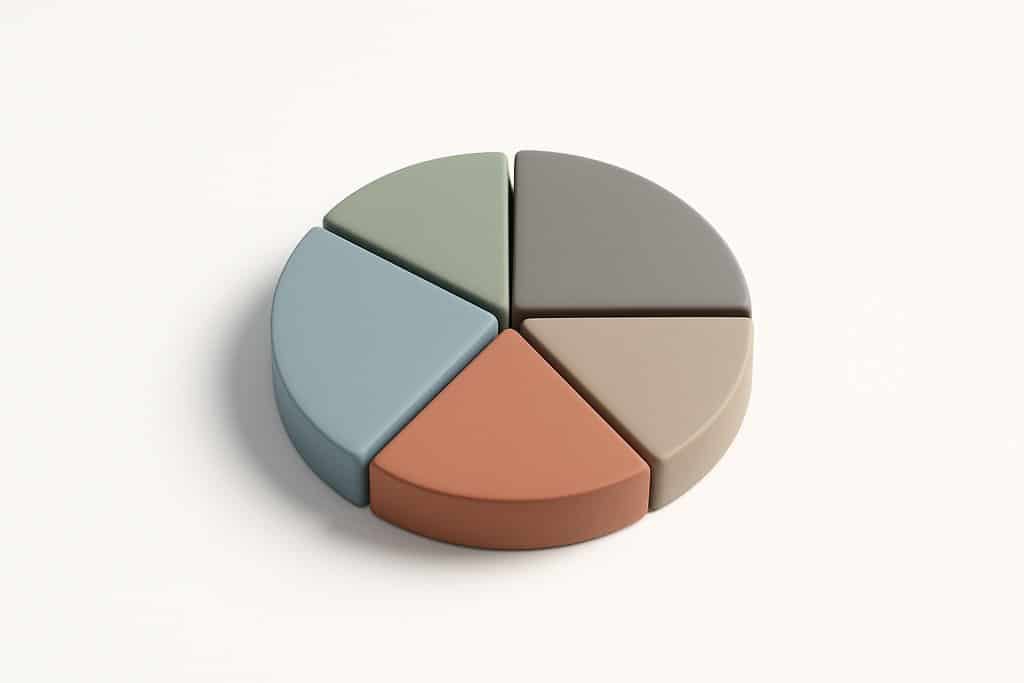 Simple, clean 3D render of a diversified portfolio concept as a pie chart: a circular pie with five distinct segments in muted, complementary colors (e.