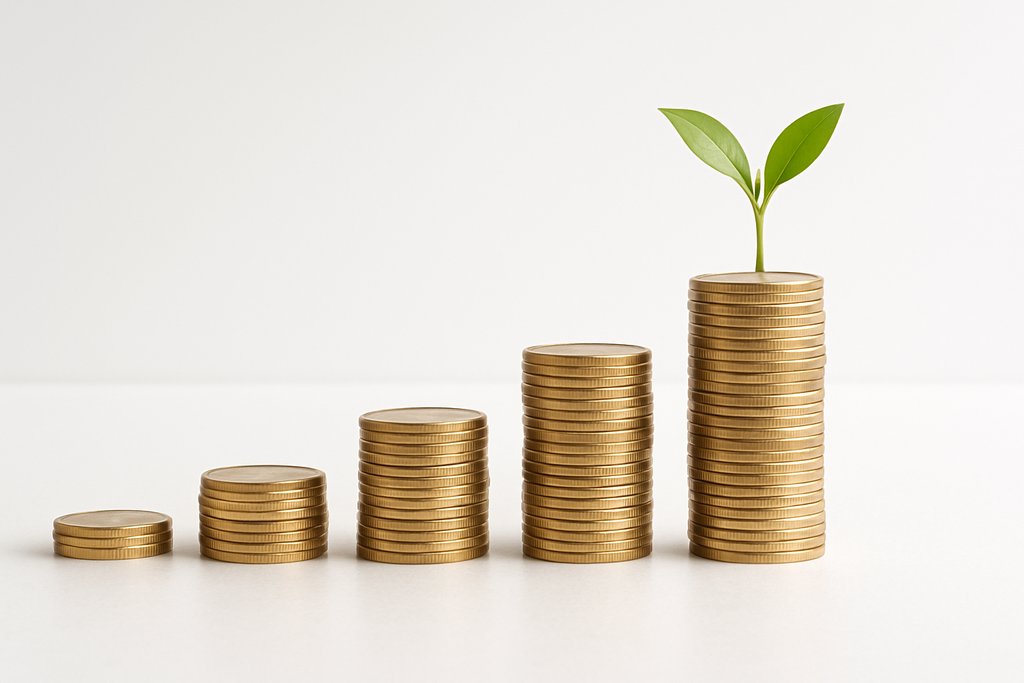 Compounding growth concept: a series of plain, unmarked gold coin stacks arranged from shortest to tallest left to right on a white surface, with a small green plant sprouting from the tallest stack; soft diffused lighting, gentle shadows, high-key background, no other props, no text or digits, clean and modern aesthetic emphasizing steady growth over time.