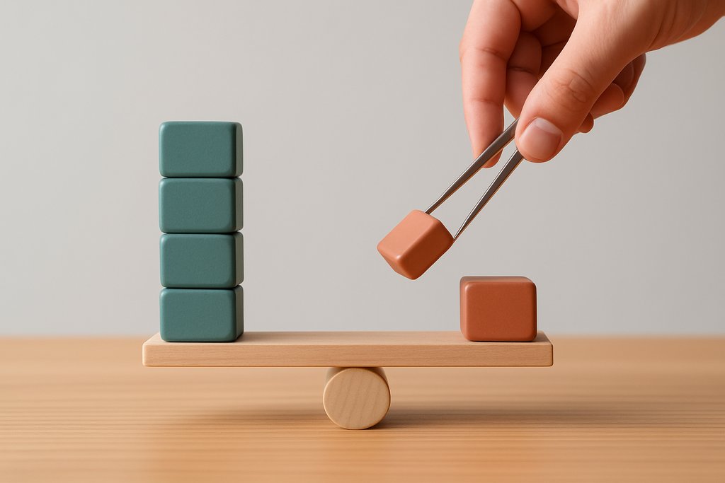 A simple scene representing portfolio rebalancing: two small stacks of smooth, matte, colored wooden blocks (muted teal and clay) on a clean wooden surface, with a neutral-toned hand using metal tweezers to move a single block from the taller stack to the shorter one.