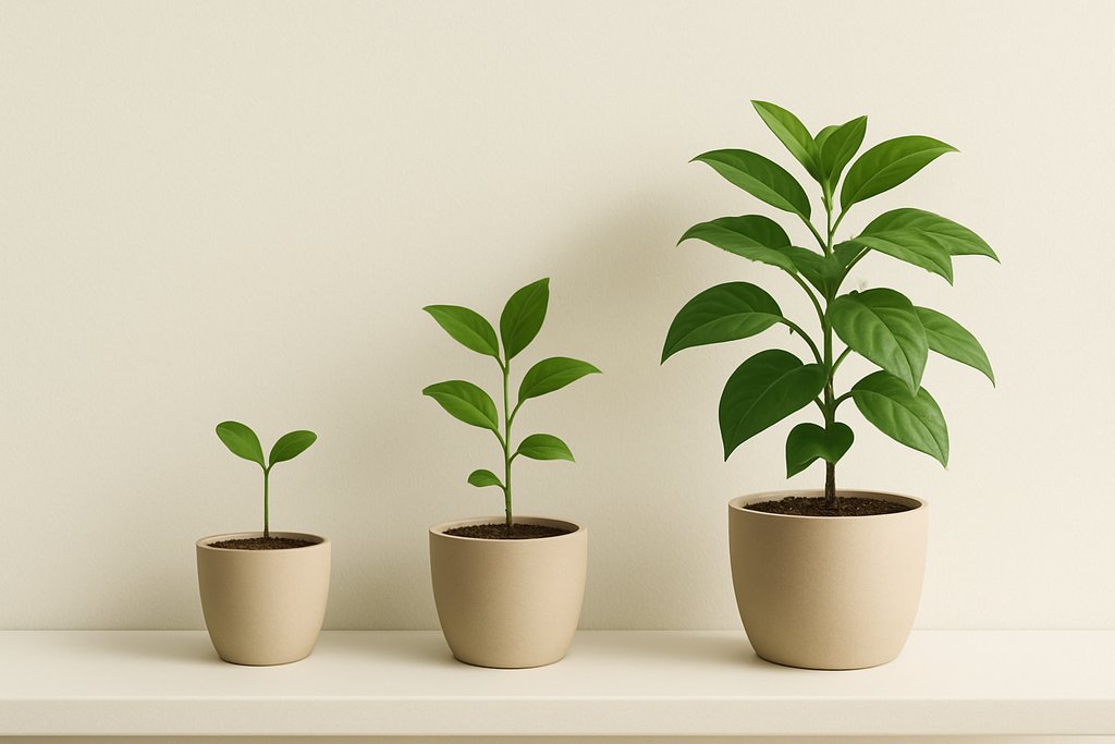 A serene, minimal image symbolizing long-term growth: three potted plants at early, mid, and mature stages aligned from left to right on a simple white shelf.