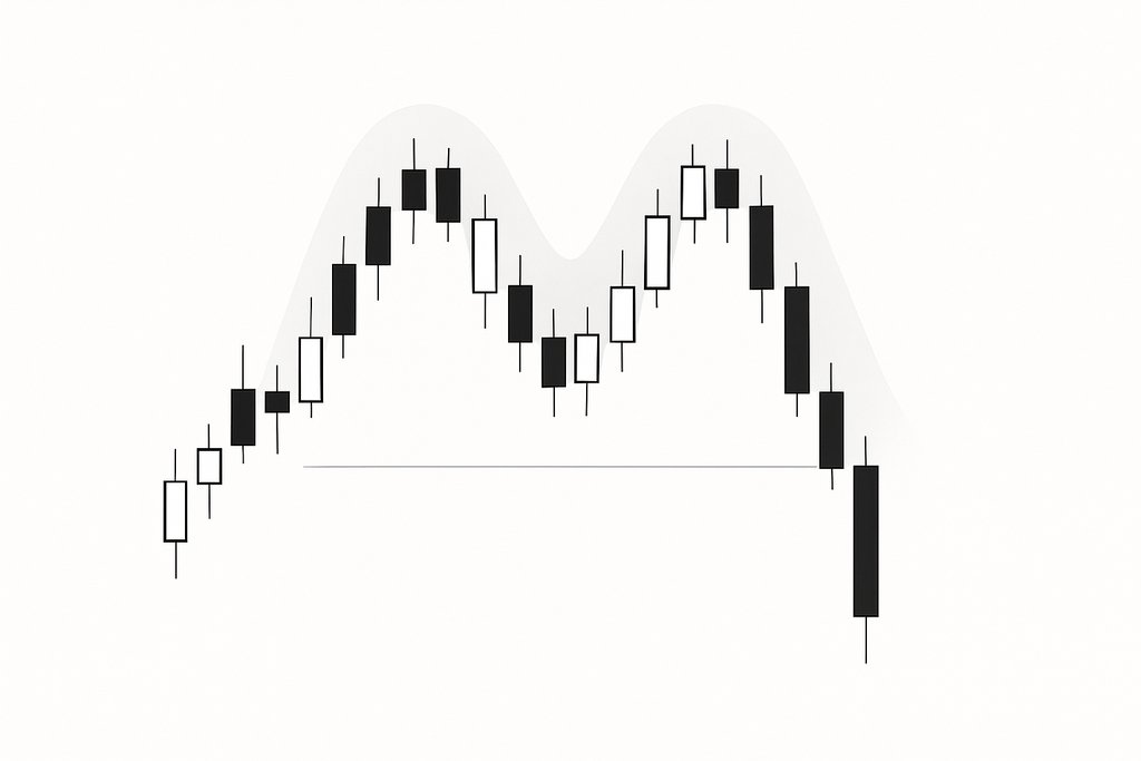 Minimalist candlestick chart on a clean white background showing a clear M pattern (double top): two similar-height peaks separated by a shallow trough, a thin horizontal neckline at the trough level, and a decisive breakdown candle closing below the neckline.