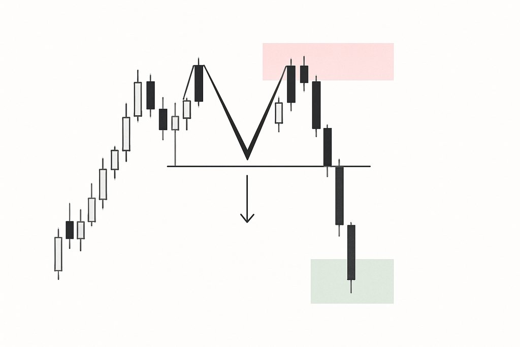 Simple risk-to-reward visual for trading the M pattern: completed M with neckline break, a small neutral arrow just below the neckline to imply short entry, a thin red shaded zone above the second peak to indicate stop area, and a thin green shaded zone below projecting the pattern height downward for a target.