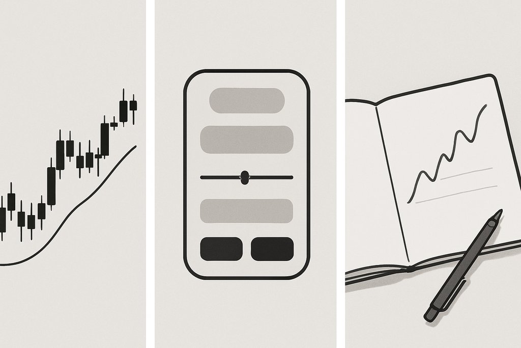 Three-panel, simple composition illustrating the paper trading workflow: left panel shows a uncluttered candlestick chart with a single moving average line and no labels; center panel shows a simplified, text-free trade ticket silhouette with generic buttons and sliders (no icons or numbers), suggesting placing a simulated order; right panel shows an open blank journal page with a hand-drawn style line graph and a pen resting nearby; neutral colors, balanced spacing, and absolutely no text or digits.