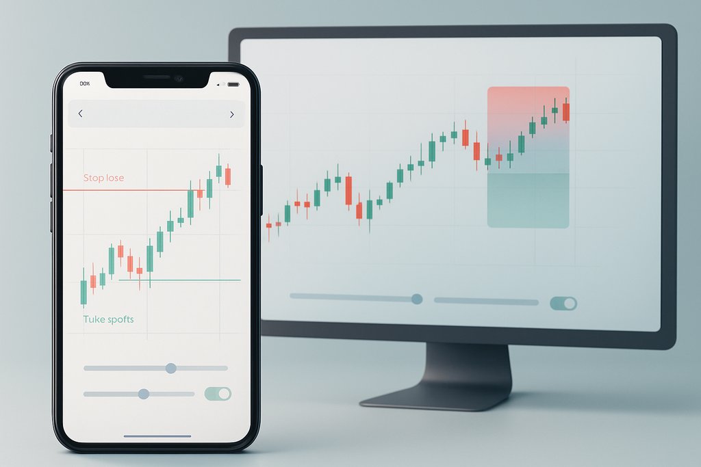 Modern mobile and desktop UI concept for practicing strategies: a phone in the foreground displays a clean chart with a couple of colored markers for stop-loss and take-profit levels, while a monitor in the background shows the same symbol’s chart with a subtle risk-reward box overlay; include simple sliders and toggles without labels or numbers, soft gradients, and a calm palette; ensure all axes and panels are free of any text or digits.
