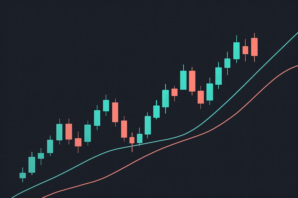 Minimalist vector illustration of a clean candlestick price chart with two smooth moving average lines crossing over the candles, set on a dark charcoal background with a faint, subtle grid.