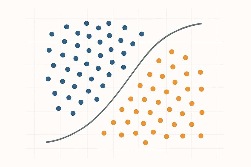 Simple, uncluttered scatter plot concept visual: a field of small, evenly sized dots forming a gentle cloud pattern, with a smooth curved boundary line suggesting a model decision boundary.