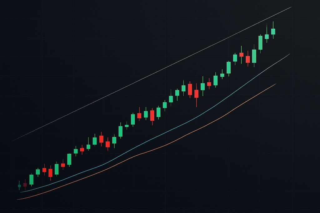 A clean, minimalist hero image of a financial candlestick chart on a dark, subtle grid background.