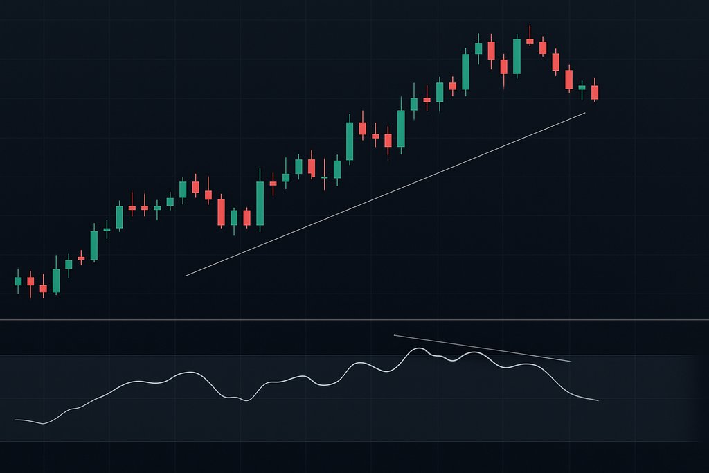 A balanced two-panel vertical composition: main candlestick chart on top with a gentle uptrend and subsequent minor pullback; RSI-style oscillator panel below.