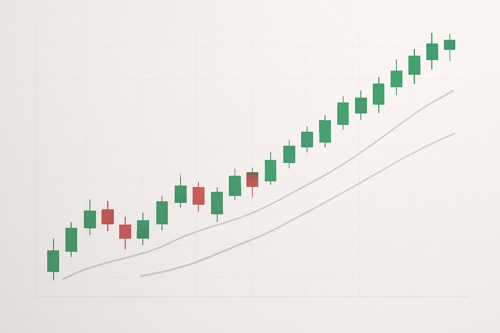 A clean, minimalist candlestick chart showing a clear uptrend: alternating bullish (green) and bearish (red) candles with wicks, two smooth moving-average lines gently crossing beneath the price, and faint unlabeled axes with subtle gridlines.