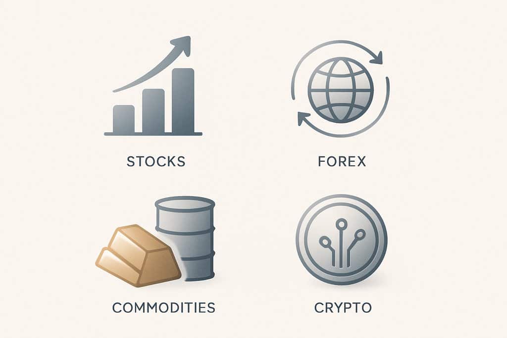 A simple, elegant set of four minimalist icons representing major trading markets arranged in a balanced grid on a neutral background: a stylized stack of bars with an upward arrow for stocks, a small globe encircled by two curved arrows for forex, a gold bar and an oil barrel for commodities, and a sleek metallic coin with subtle circuit lines for crypto.