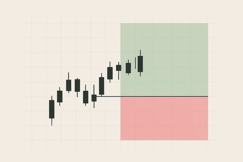 A minimal risk/reward trading scene: a single uncluttered price chart with a series of neutral candles, a horizontal entry line near the middle, a narrow red shaded area below indicating risk (stop zone), and a larger green shaded area above indicating reward (target zone).