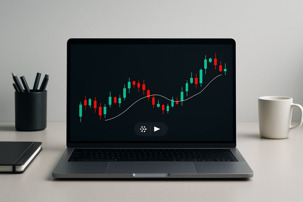 A modern, minimalist workspace scene showing a sleek laptop on a clean desk with a dark-mode trading chart: simple green and red candlestick bars and a smooth moving average line.