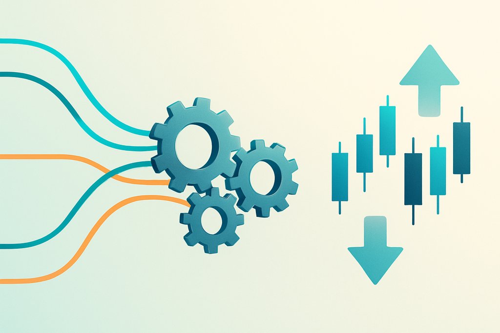 An abstract visualization of algorithmic trading: a few clean, colored data streams (thin glowing lines) flowing into a simple cluster of metallic gears, then continuing toward a minimal group of candlestick bars alongside two subtle arrows (one up, one down) to suggest automated decision-making.
