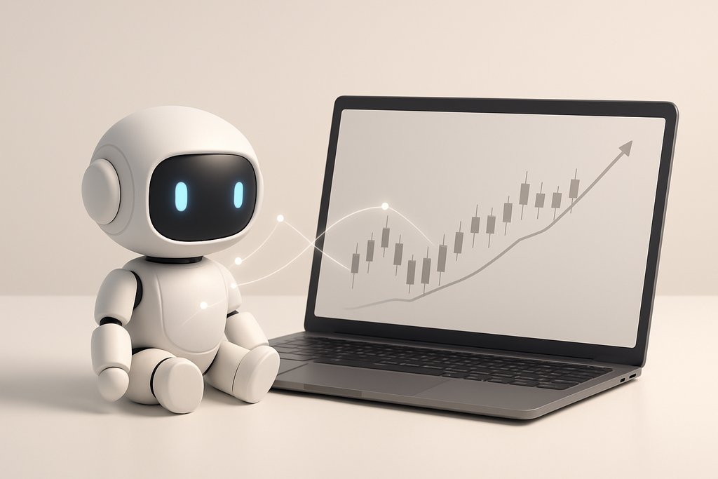 Minimalist 3D illustration: a small, sleek robot sitting beside an open laptop on a clean desk, with the laptop screen showing a simple, uncluttered candlestick chart and a smooth upward line overlay, subtle glowing connection lines between the robot and the screen to imply automation.