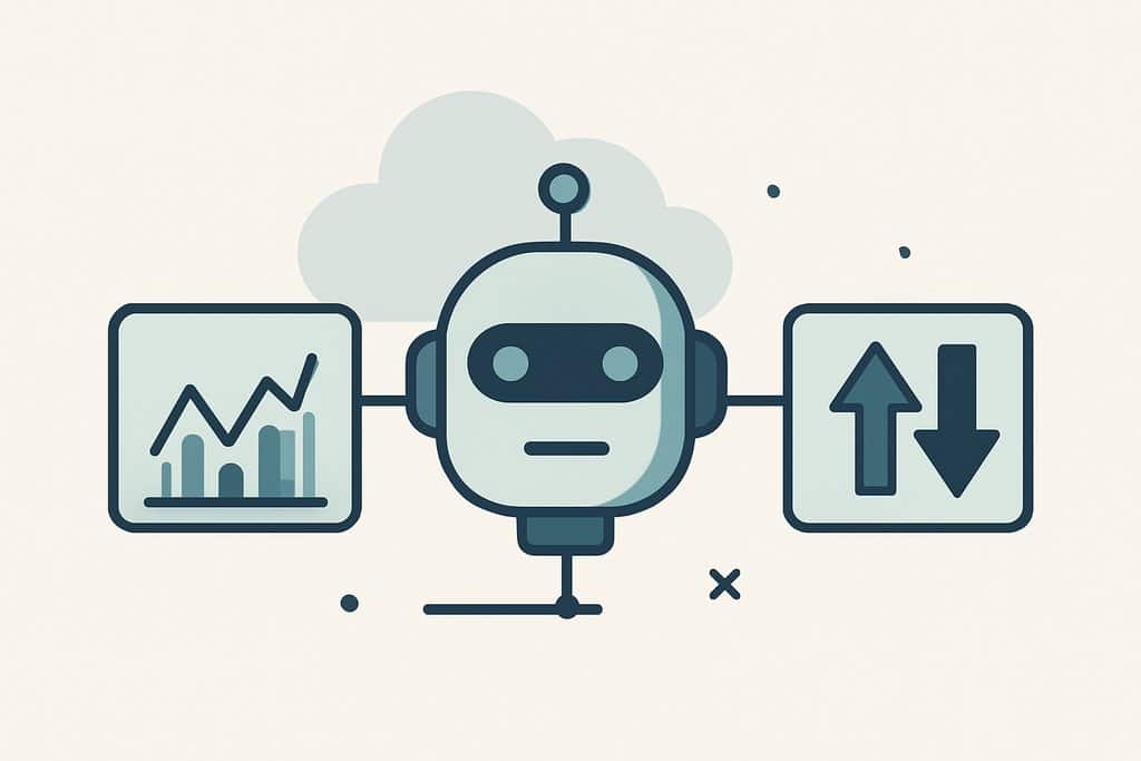 Clean flat vector scene showing an automated trading concept: a central stylized robot head connected by thin lines to a simple price chart on one side and a buy/sell arrow pair on the other, with a faint cloud icon behind the robot to imply data input.